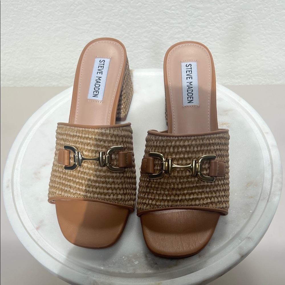 Steve Madden Brown Woven Mules with Gold Accents